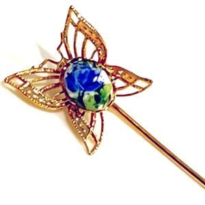 Butterfly HAT PIN STICK Brooch Gold Filigree Blue Floral Cabochon VTG Jewelry